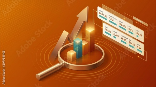 An isometric 3d render showing a magnifying glass analyzing a digital performance marketing dashboard with growth charts and data metrics.