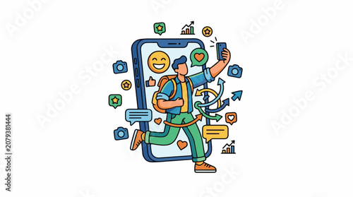 Man interacting with large smartphone.