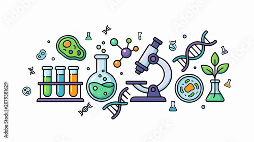 Colorful illustration of various science laboratory equipment and symbols (1)