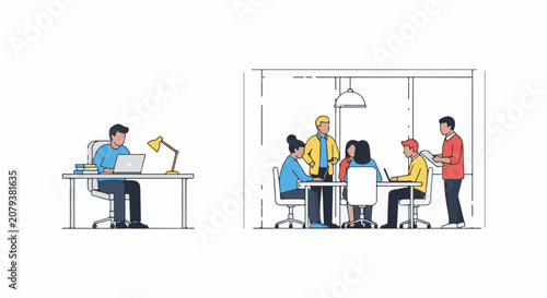 People working at desks and in a meeting room engaged in collaborative tasks