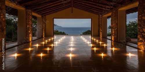 Many candles illuminate a serene interior with a beautiful ocean view