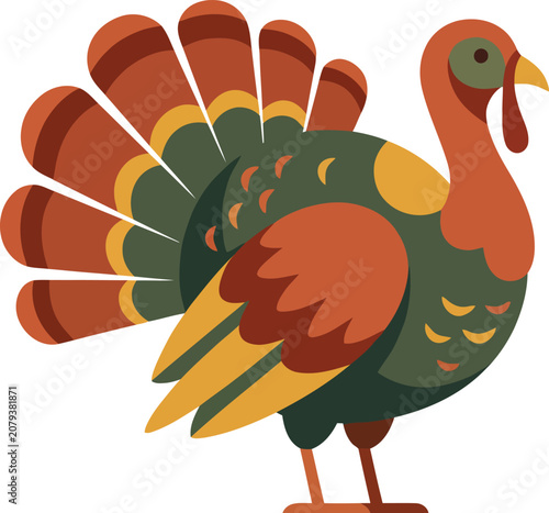 Vibrant autumn turkey illustration in a flat graphic style, perfect for holiday designs, harvest celebrations, and seasonal decor