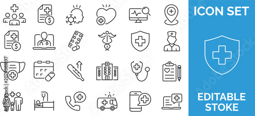 Medical healthcare and hospital thin line icons set.