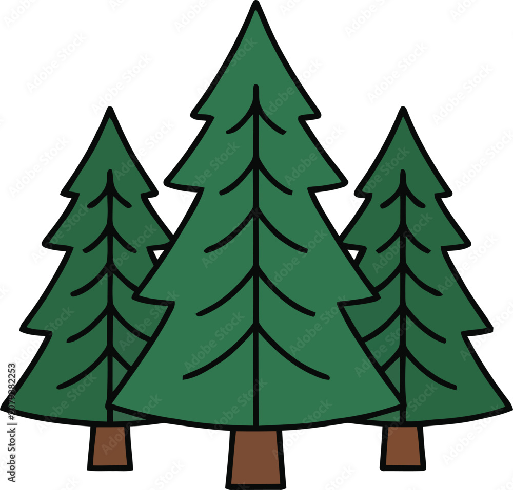 Fototapeta premium Three evergreen pine trees vector illustration with dark outlines and green foliage.
