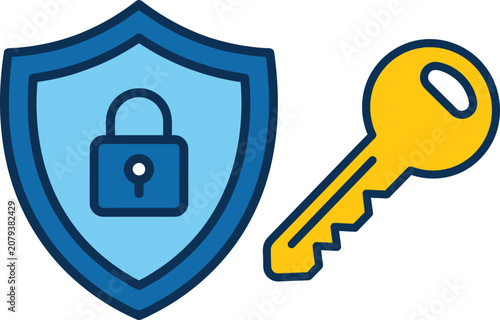 Digital security concept illustration featuring a blue protective shield with a padlock icon and a yellow access key, symbolizing data safety, online protection, and authorized entry
