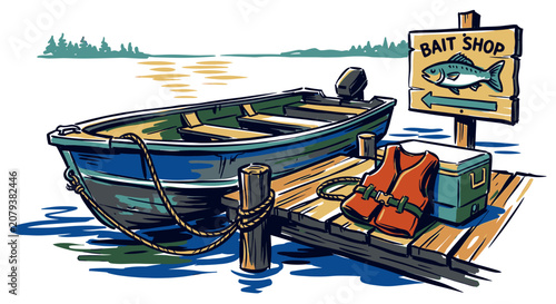 Konstfotografi Retro fishing boat docked at wooden pier with bait shop sign and gear, vintage graphic illustration for t-shirt design and outdoor branding