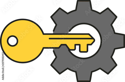 Vector cartoon illustration of a yellow key unlocking a grey gear cog wheel symbolizing system configuration access and security settings