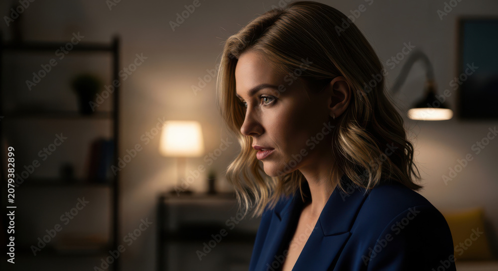 Obraz premium Thoughtful professional woman in a dimly lit modern office space