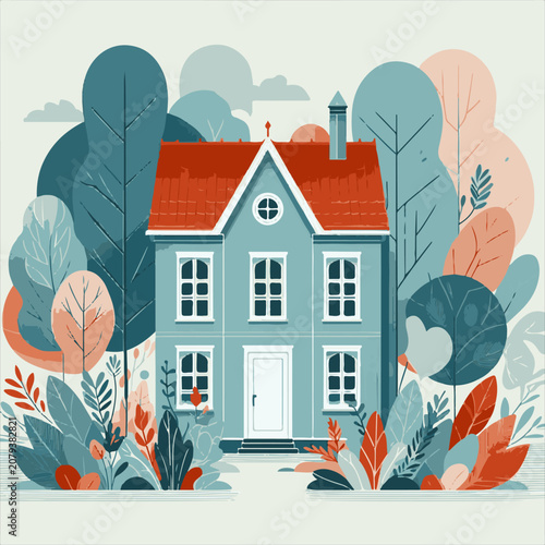 Classic blue two story house with red roof surrounded by colorful autumn foliage and trees flat vector illustration