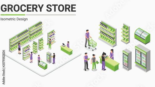 Tableau sur toile Modern isometric supermarket scene featuring grocery shelves, cashier, shoppers