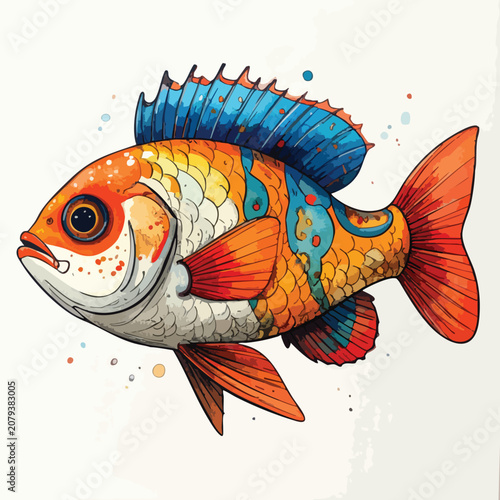 Colorful Hand Drawn Watercolor Illustration of a Tropical Fish.