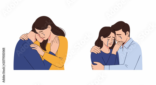 Two couples in separate scenes comforting each other showing distress and support