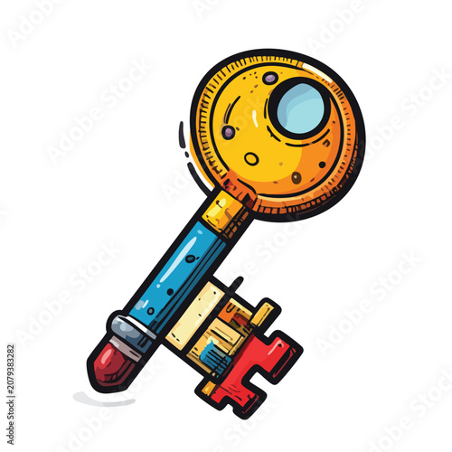 Colorful cartoon illustration of a creative magnifying glass key.