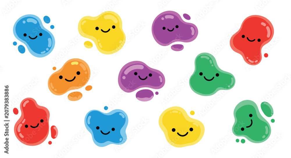Obraz premium Cute liquid drop characters with funny smiley faces in various bright colors isolated on a white background.