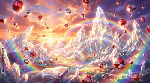Crystal mountain fantasy landscape with rainbow and floating gems