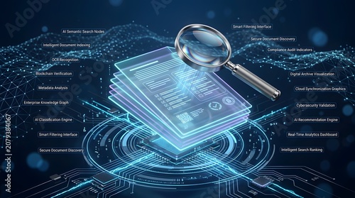 Magnifying glass over a stack of glowing digital documents with artificial intelligence processing labels representing e-discovery and intelligent search.