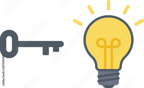 Flat vector illustration of a key unlocking a glowing yellow light bulb representing creative ideas and success