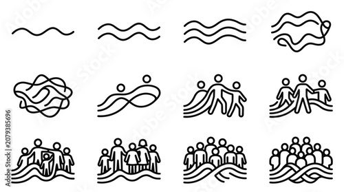 Abstract Progression of Wavy Lines to Human Figures Forming a Crowd