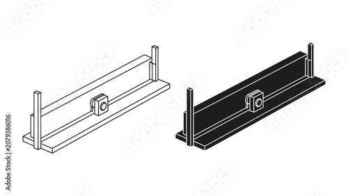 Konstfotografi Linear Rail System: A clean, minimalist illustration of a linear rail system with a carriage, presented in both line art and silhouette form for versatility in technical and design applications