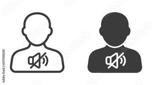 Fotografie Muted Profile Icon: Two stylized human figures, one outlined and one solid silhouette, displaying a muted speaker symbol over the chest, represent silence or being unheard