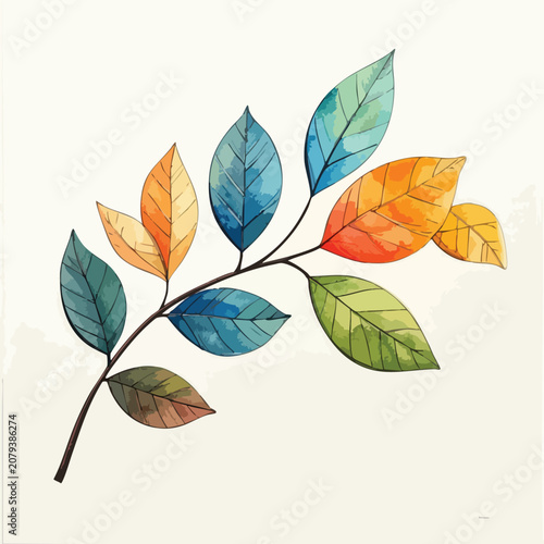 Watercolor illustration of a decorative botanical branch with colorful vibrant leaves.