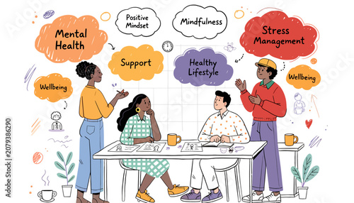 Mental health, mindfulness, stress management, healthy lifestyle, vector illustration