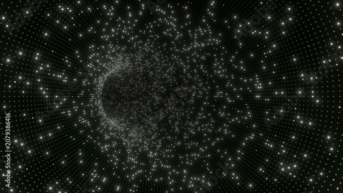 Schilderij op canvas Abstract 3D digital green particle vortex tunnel background
