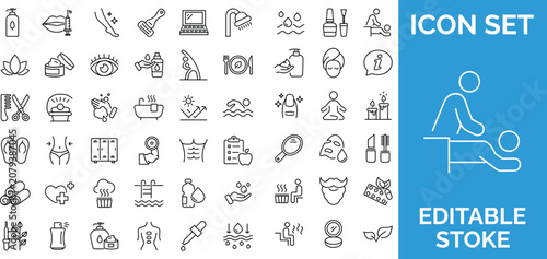 Beauty and wellness spa icons set for healthcare services and salon treatments with linear design elements.