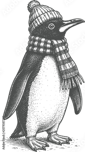 Vintage Winter Penguin Engraving Vector | Cute Penguin Wearing Knitted Hat and Scarf Antique Hand Drawn Illustration
