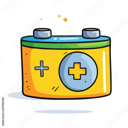 Cartoon style illustration of a yellow car battery icon.