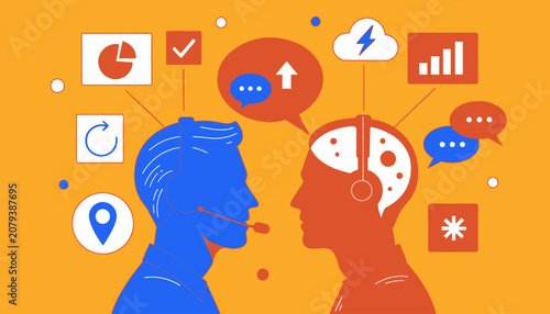 Communication, teamwork, and business strategy concept, colorful vector illustration of two people with speech bubbles and icons