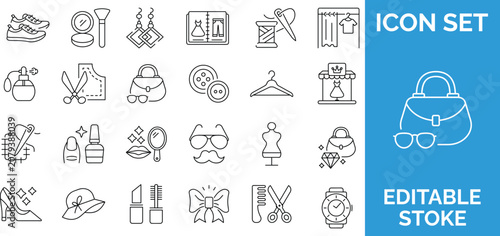 Set of 36 fashion, beauty, accessories, and shopping icons with editable stroke on transparent background.