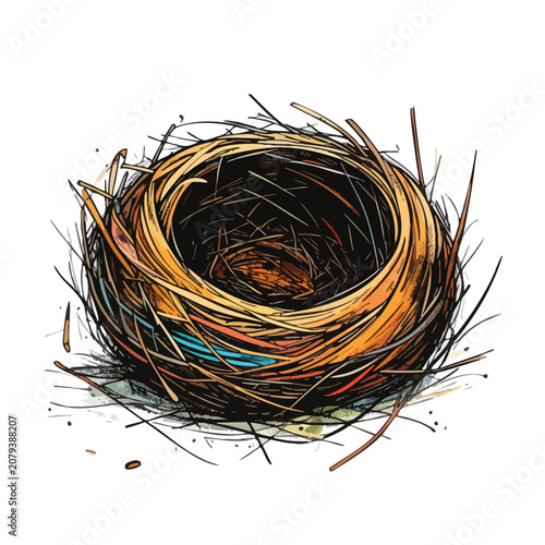 Detailed watercolor illustration of an empty bird nest made of twigs and grass.