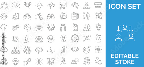 Business management and leadership line icon set presenting essential concepts for success.
