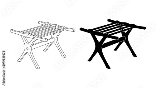 Photos Luggage Rack - Outline and Silhouette: A classic wooden luggage rack shown in both a clean outline drawing and a solid black silhouette, perfect for design and travel-themed projects