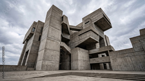 Brutalist Concrete Building with Dramatic Cloudy Sky, Modern Geometric Architecture Exterior in Raw Concrete Style