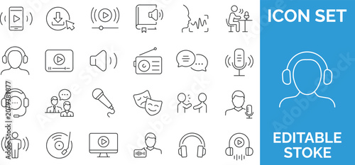 Audio and video entertainment icons including podcast music and broadcasting symbols.