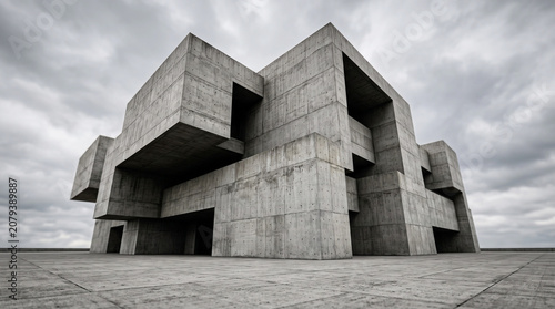 Imposing modular brutalism sports club structure with a minimalist cement facade.