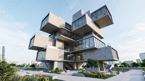 Modern modular concrete and glass gym building exterior with stacked cubic architecture under a blue sky.