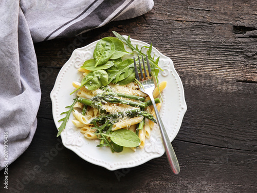 Penne Pasta with Asparagus and Greens