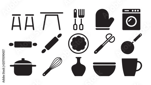 Tableau sur toile Kitchen furniture and cooking utensils icon set including table chairs and rolling pin icon