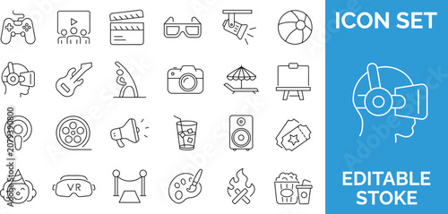Valokuva Entertainment and leisure activity line icon set containing cinema gaming music party and hobby theme symbols for lifestyle design