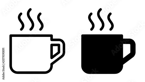 Fotografija Hot Coffee Cups: Two stylized cups, one outlined in black and one solid black, emit steam, symbolizing a warm beverage