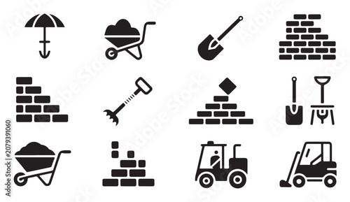 Tableau sur toile Industrial masonry and earthmoving icons collection with tractor rake and masonry elements