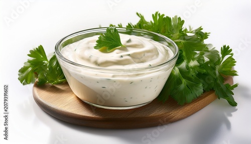 creamy ranch dressing in glass bowl perfect for dipping vegetables or as a salad dressing option on white background