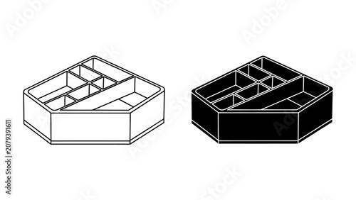 фотографія Organized Storage Solution: Two isometric illustrations of a hexagonal organizer, one in white and the other in black, displaying multiple compartments for efficient item arrangement and tidiness