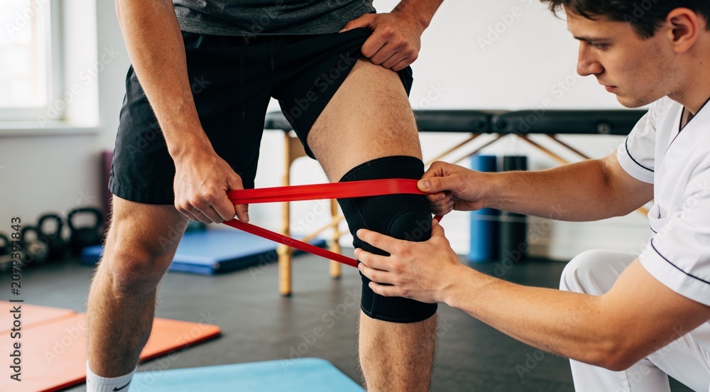 Obraz premium Physiotherapist helping young sportsman recover from injury using resistance band therapy