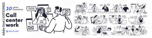 Call center work set. Helpdesk operators and clients. Customer support and ca...