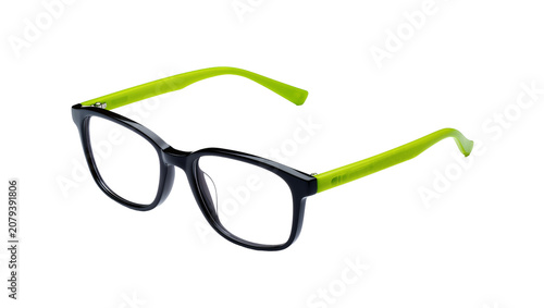 Foto Isolated modern eyeglasses with black frames and vibrant neon green temples, cle