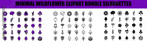 Collection of simple wildflower silhouettes during daytime isolated on white background